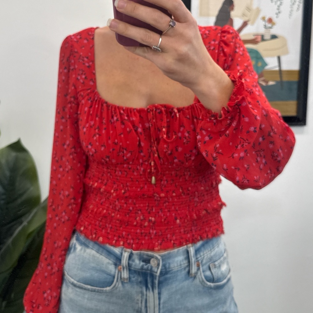 Free People Red Floral Smocked Blouse
